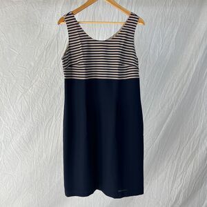 Petite Sophisticate Sleeveless Dress Navy Tan Stripes Sz 14 Career